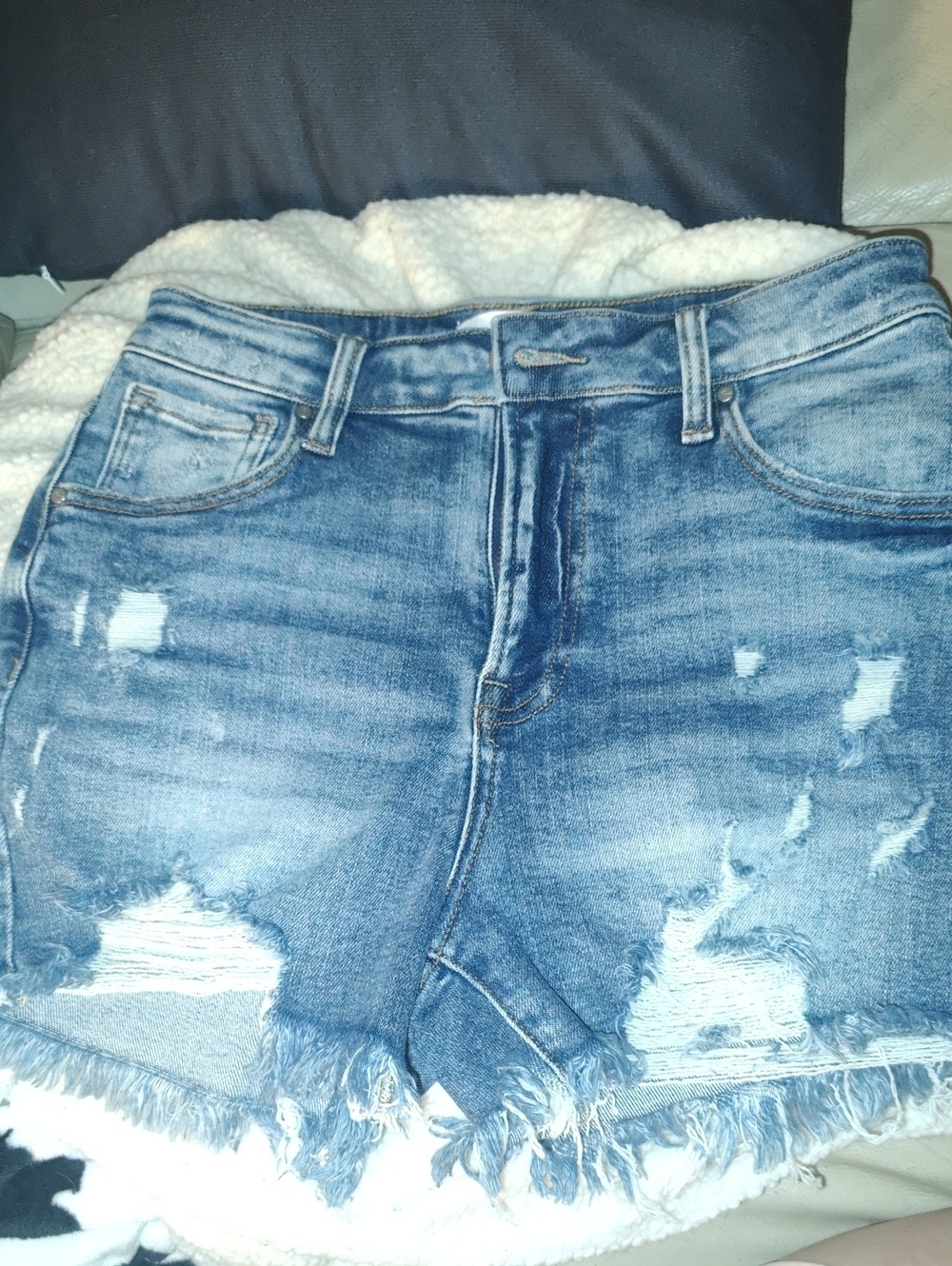 Risen Mid rise Distressed Frayed Hem Denim Shorts - Blue